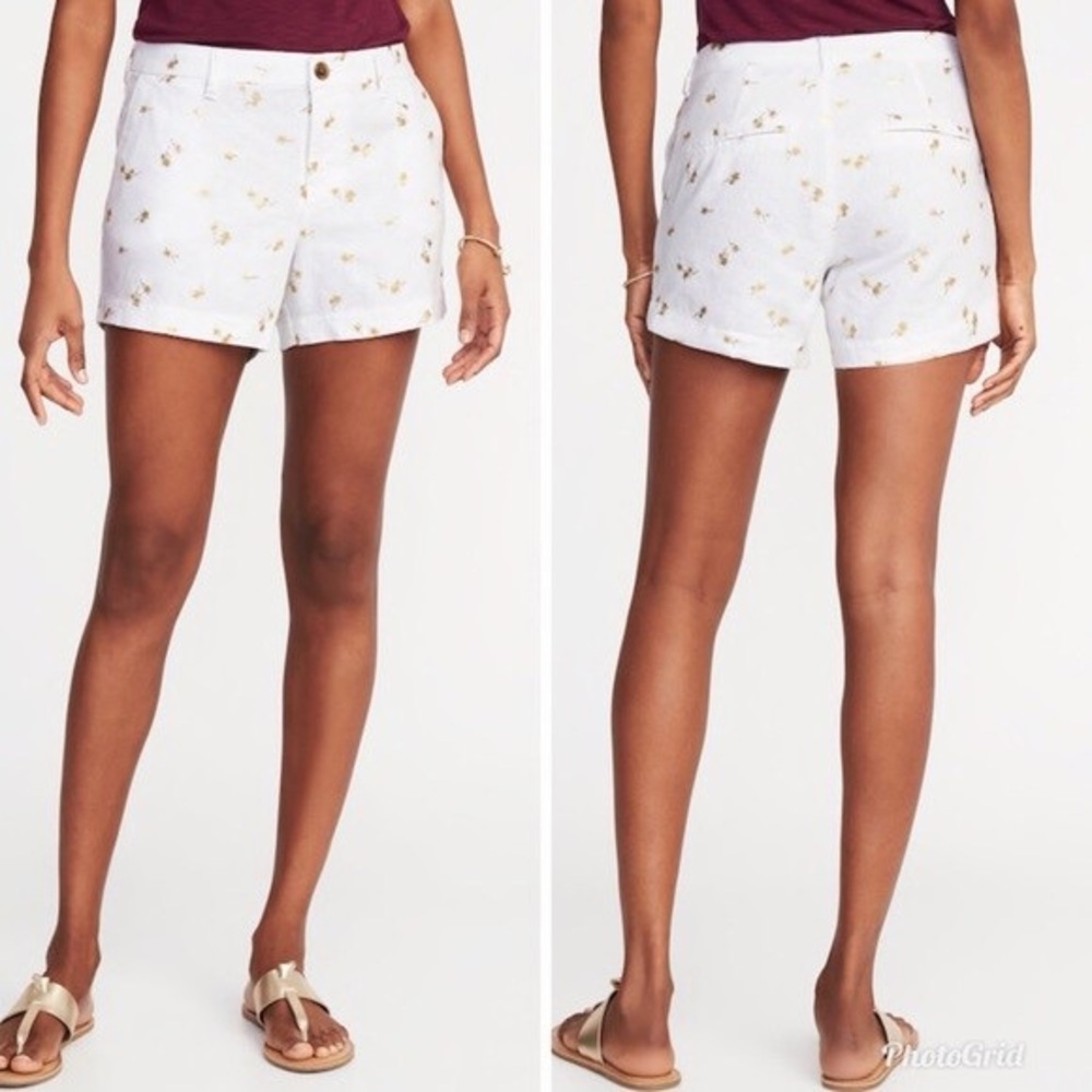 🎯Old Navy Everyday shorts white linen gold palm tree print Sz 12 coastal